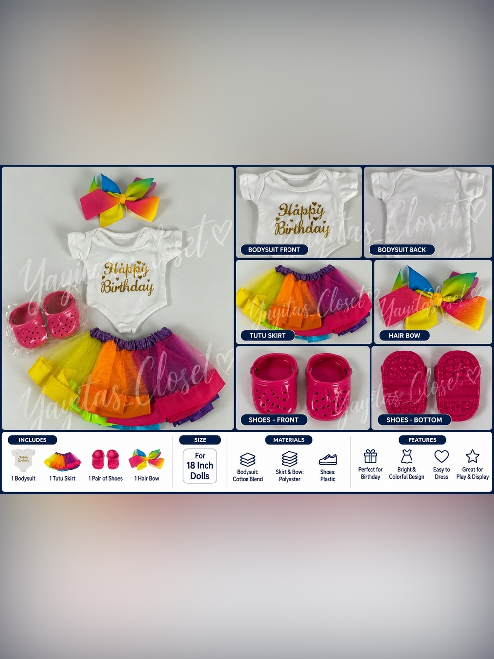 18 Inch Doll 4-Piece Birthday Outfit Tutu Bodysuit Shoes & Hair Bow